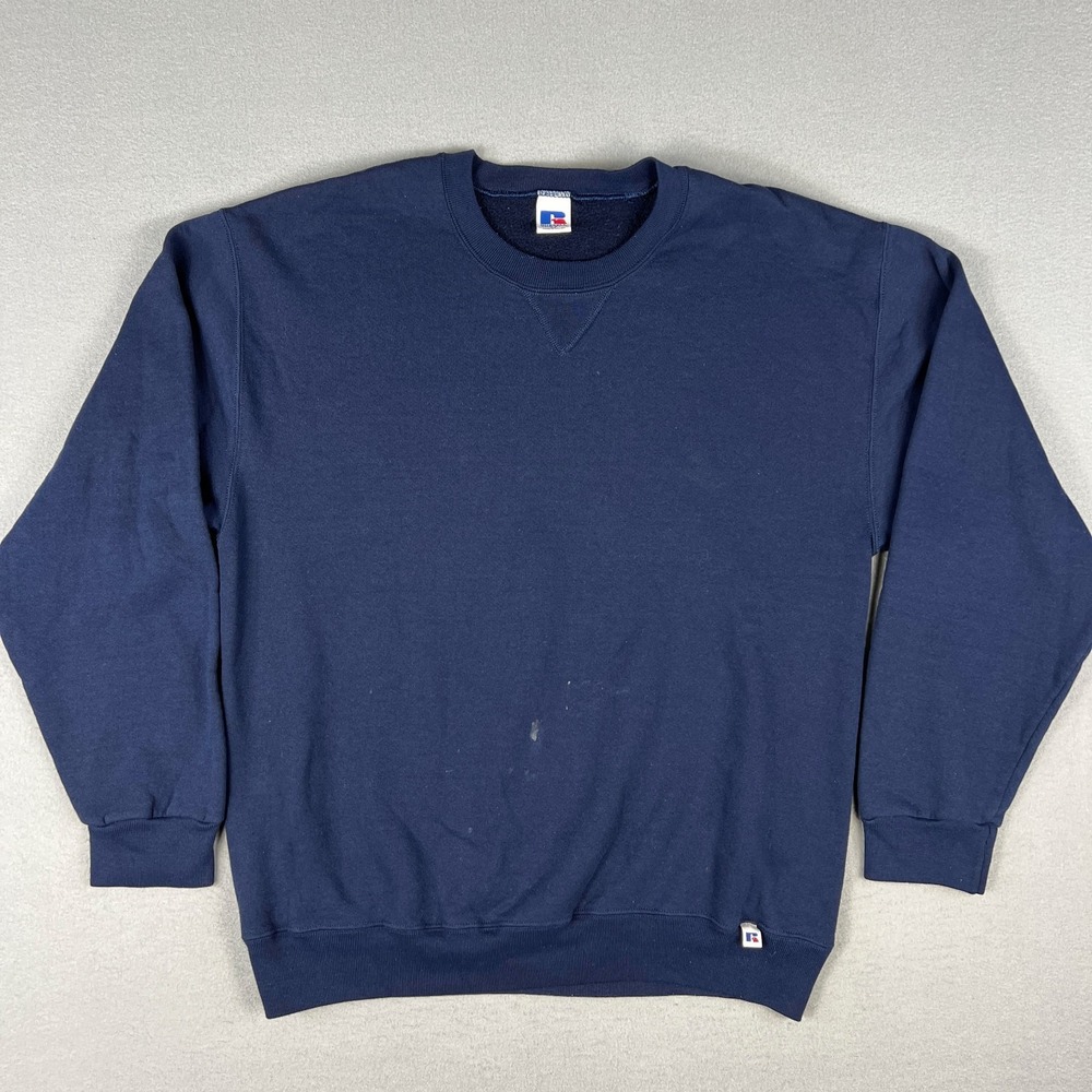 VTG Russell Athletic Blank Sweatshirt Mens LT Distressed Blue 90s Essential Crew